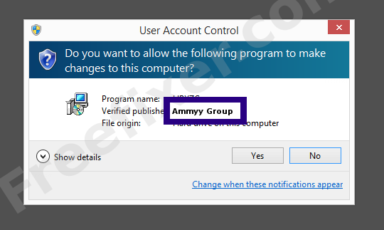 Screenshot where Ammyy Group appears as the verified publisher in the UAC dialog